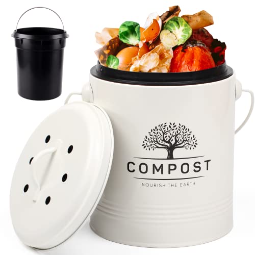 Perfnique 1.3 Gal Kitchen Compost Bin with Lid, Countertop Compost Caddy - color: cream, style: without bags