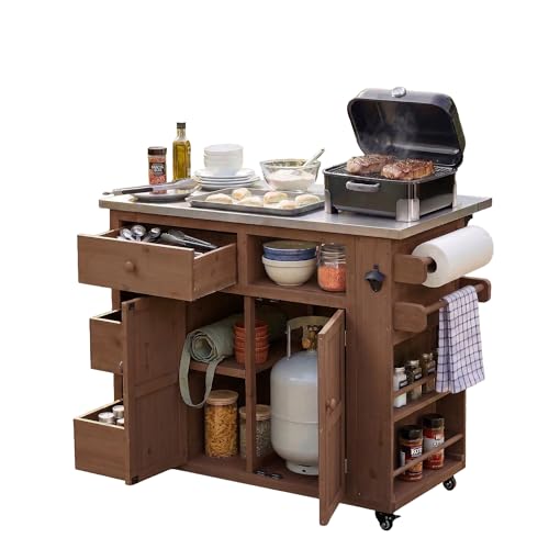 GDFStudio Winford Patio Kitchen Island Cart with Extendable Top, Wooden Outdoor Storage Cabinet with Stainless Steel BBQ Prep Table Top, Drawers, Spice Rack and Lockable Wheels, Potting Bench, Brown - color: Brown