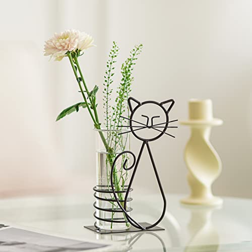 Marbrasse Desktop Glass Planter Hydroponics Vase,Planter Bulb Vase with Holder for Home Decoration,Modern Creative Cat Plant Terrarium Stand, Scindapsus Container (Lovely Cat) - color: A101-shuipei003