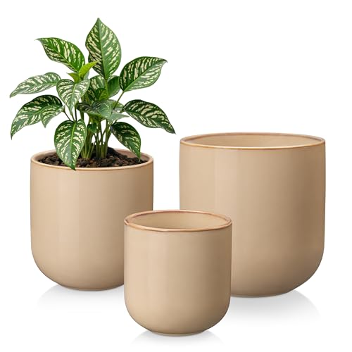 vancasso 6+8+10 inches Ceramic Plant Pots, Set of 3, Planters with Drainage Hole, Flower Pots Planters Pots for Indoor Plants, Modern Indoor Decorative Garden Pot, Home Decor, Brown - color: Brown, size: 6+8+10 Inch