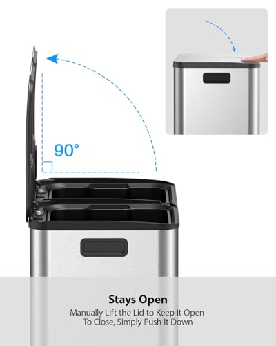 Lovewind Dual Trash and Recycling Bins for Kitchen, 2 * 11-Gallon Stainless Steel Double Trash Can, Step-On Garbage and Recycle Combo, Quiet Close, Pet-Proof, Compatible with 13-Gallon Bags, Silver - color: Silver, size: 2 x 11 Gallon