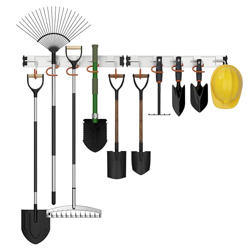 HUPBIPY 34.5'' Aluminum Alloy Garden Tool Organizer Wall Mount Garage Organizers and Storage with Hooks Tool Hangers for Shed Hooks for Shovel, Rake, Broom & More - color: 34.5 in - Orange, size: 34.5 Inch