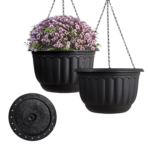 YIKUSH 12 Inch Hanging Planters for Outdoor Plants, 2 Pack Plastic Hanging Flower Pots with Drainage Hole & Tray, Hanging Basket Style Pots for Porch Patio Balcony Decor (Black) - color: Black