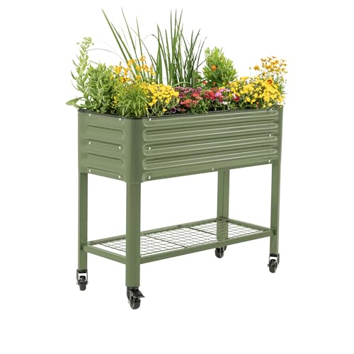 Vego garden Rolling Elevated Raised Garden Bed, 1.5' x 3.5' Outdoor Planters Boxes with Legs & Storage Rack for Patio, 500 Lbs Weight Capacity, Raised Beds for Gardening, Olive Green - color: Olive Green, size: 1.5' x 3.5'
