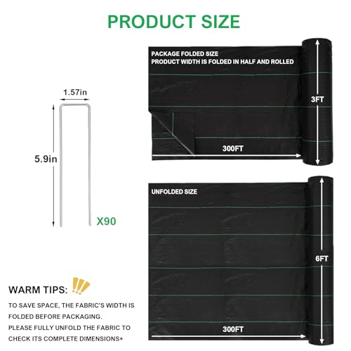 6ftx300ft Weed Barrier Landscape Fabric, 3.2oz Heavy Duty - size: 6ft x 300ft