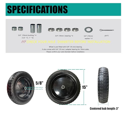 15" Flat-Free Wheelbarrow Tire and Wheel - 4.80/4.00-8 Solid PU Tire, Puncture Proof Replacement Tires, Fits 5/8" Bushing & Axle Bore for Utility/Garden Carts (2-Pack, Black) - size: 15"/4.00-8