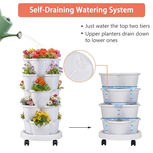 VECELO 5 Tier Vertical Garden Planter, Self Watering Stackable Planters with Wheels for Strawberries, Herbs, Flowers, Vegetables, White - color: White, size: 5 Tier