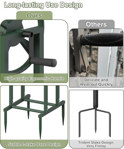 Freestanding Garden Hose Reel holds 125ft Hose of 5/8" with 4 Hooks, 4-Spike Outdoor Hose Holder with 3.9ft Leader Hose & Brass Fitting, Detachable Metal Hose Stand with Storage Rack, Green - color: Green