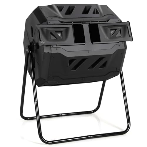 Goplus Compost Tumbler, 43 Gallon Rotating Compost Bin Barrel, Dual Chamber Tumbling Composter with Sliding Door, Gloves, Aeration System for Outdoor, Garden, Yard - color: Black, size: 43 Gallon