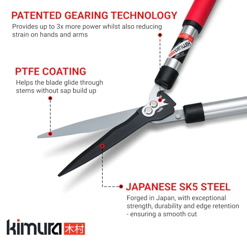 Kimura® Pro Telescopic Garden Shears - Premium Hedge Shears, Patented Gearing Technology, Lightweight Extendable Aluminium Handles, Japanese SK5 Steel Blades, Heavy Duty Gardening Shears - 25" - 34" - size: 25"-34"