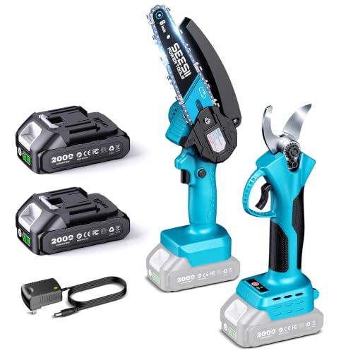SEESII 2-in-1 Mini Chainsaw & Pruning Shears, 20V Brushless Motor Combo - color: Industrial Blue