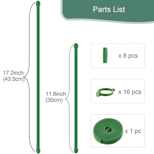 Plant Stakes,Adjustable Length Support Stake Orchid Stick with Ring Buckles Garden Pole for Potted Tomato Rose Amaryllis Beans Vegetables Comes with 40-inch Ties (Green, 17inch&12inch)