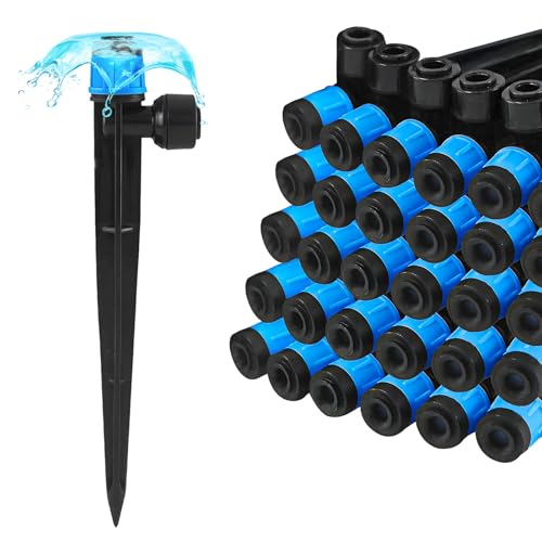 30 Pieces Quick Connect Drip Irrigation Emitters Vortex for 1/4" Tubing, Adjustable 360 Degree Water Flow Irrigation Fan Shape Spray Emitter On 5" Stake for Garden Watering System - color: Blue Quick Connect Emitter-30P