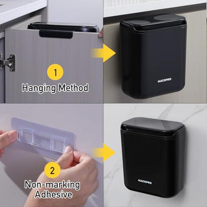 MACOPRO Compost Bin Hanging Trash Can with Lid Under Sink for Kitchen, Food Waste Bin for Countertop with Lid, Mountable Garbage Can for Bathroom, RV, 8L/2.6Gal