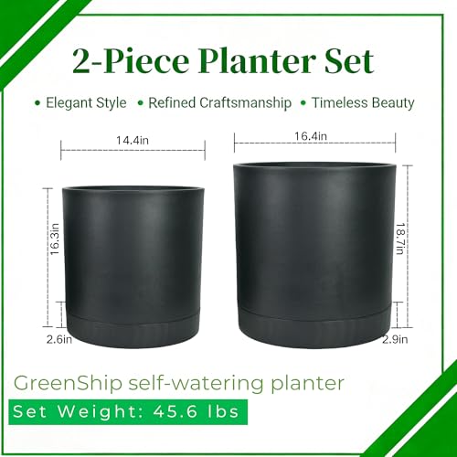 GreenShip Planter Set of 2 (15.7"& 13.7") – – Cylinder Planters with Drainage Hole and Planter Saucer, Jun Porcelain Clay & Recycled Resin, Decorate Home,Office & Outdoor, Black pots - color: Black, size: 15.7in+13.7in