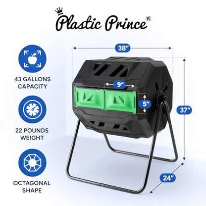 PLASTIC PRINCE Compost Tumbler Rotating Garden Compost Bin Outdoor Dual Chamber 43 Gallon Backyard Composter Tumbling Barrel Mixer Outside, Large, Green - color: Black/Green