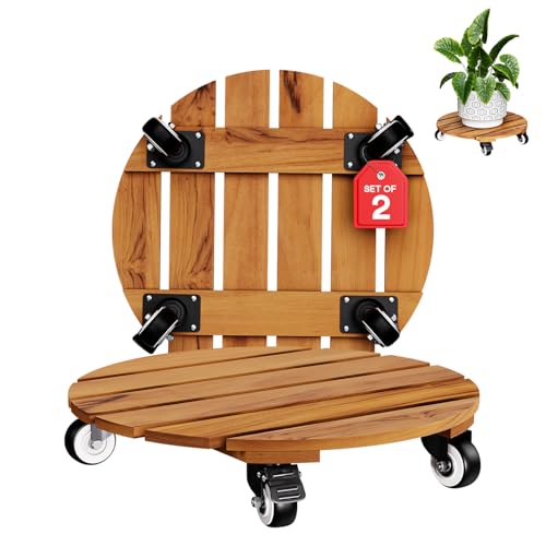 IDZO 2PCS Acacia Round Plant Caddy, 360° Lockable Wheels, Natural, 14-Inch - color: Round Wood Natural, size: 14 Inch
