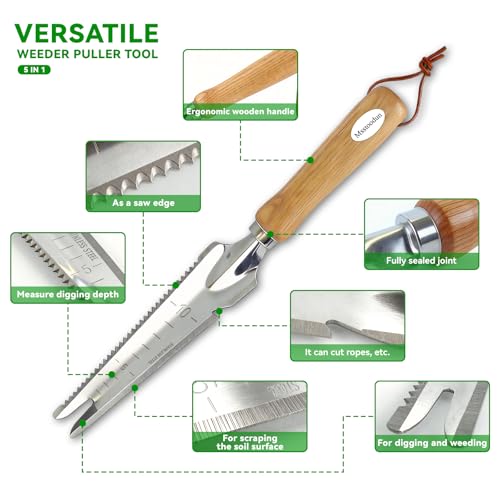 4PCS Garden Weeding Tool Set, Hand Weeder Tools with Wooden Handles, Double Claw Root Hook, V-Shape Weed Puller, Crack Weeder & Stainless Steel Garden Trowel for Digging, Planting & Weed Removal