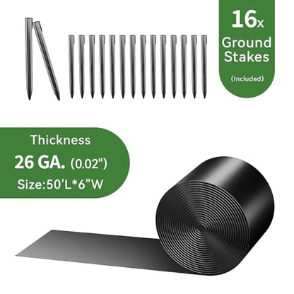 Worth Galvanized Steel Landscape Edging Roll, Flexible Metal Garden Border Fence with 16 Stakes for Lawn, Flower Bed, Yard, 6 Inch x 50 Foot, Black - color: Black, style: 6"x50'