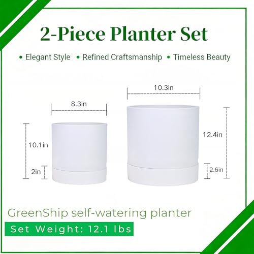 GreenShip Planter Set of 2 (9.8" & 7.8") – Cylinder Planters with Drainage Hole and Planter Saucer, Jun Porcelain Clay & Recycled Resin, Decorate Home,Office & Outdoor,White pots - color: White, size: 9.8in+7.8in