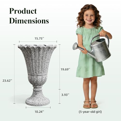 Tall Plastic Urn Planters and Pedestal - 24" Outdoor Planter Grey - color: Heather Gray-petal