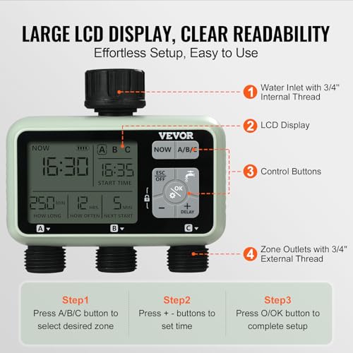 VEVOR Water Timer, 3 Outlets, Hose Watering Sprinkler Timer, with 3 Independent Watering Zone LCD Display Rain Delay Mode Manual Mode 360° Brass Inlet Metal Filter, IPX6 Waterproof for Yard Watering - style: 3 Outlet with LCD Display