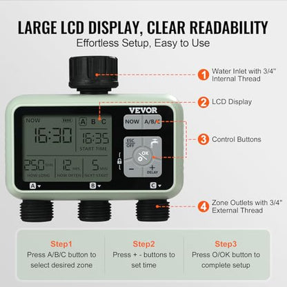 VEVOR Water Timer, 3 Outlets, Hose Watering Sprinkler Timer, with 3 Independent Watering Zone LCD Display Rain Delay Mode Manual Mode 360° Brass Inlet Metal Filter, IPX6 Waterproof for Yard Watering - style: 3 Outlet with LCD Display