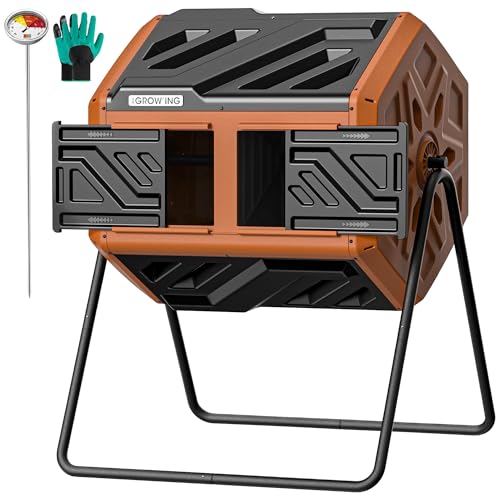 THE Growing 43 Gal Outdoor Compost Bin Tumbler with Thermometer, Orange - color: tangerine