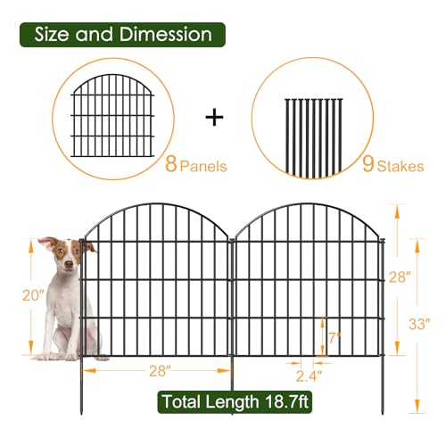 Metal Garden Fence 28 in x 18.7 ft, Dog Fence Outdoor for Yard - size: 28″Hx18.7ft (8 panels)