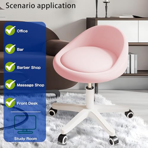Rolling Stool – Ergonomic Swivel Seat, Adjustable Height, Ultra-Quiet Wheels, Padded PU Leather Cushion, for Salon, Office, Massage & Medical Use Pink 1 - color: Pink