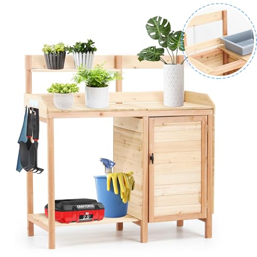 42" Outdoor Potting Bench with Sink, Wooden Potting Table with Sliding Tabletop, Storage Cabinet & Bottom Shelf, Garden Work Bench for Patio Backyard Porch, Natural