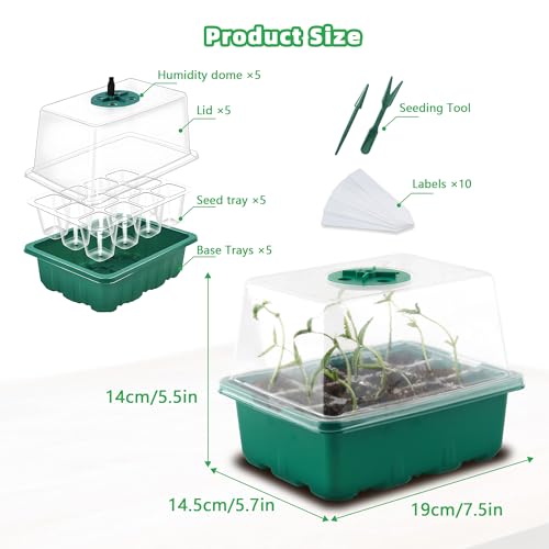 CJGQ 5Sets Seed Starter Tray with Grow Light, Elevated Seedling Starter Trays Kits with Adjustable Humidity Domes and Clear Cell Tray for Greenhouse Seeds Growing Starting