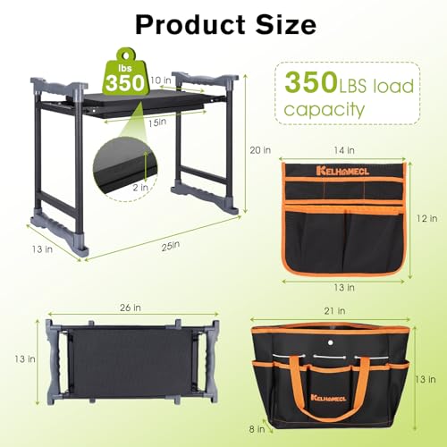 Garden Kneeler and Seat with Umbrella,Heavy Duty Gardening Bench and Stool - color: Black & Orange