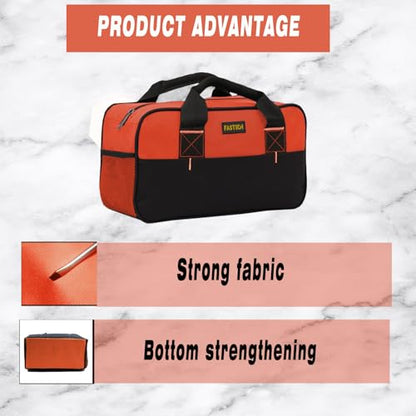 FASTECH 14 Inch Small Tool Tote Bag, Wide Mouth Zipper Bag, Waterproof Tool Organizer Bag, Multi-Pockets Wide Mouth Tool Tote For Man/Woman (Orange) - size: Orange