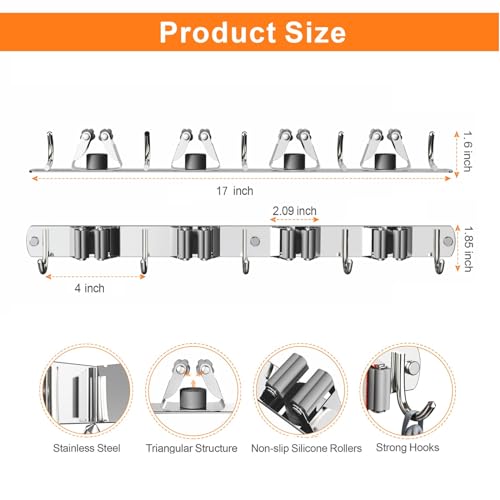 2 Pack Mop and Broom Holder Wall Mount for Kitchen Garage Laundry Room - color: Silver, size: 2 Pack 4 Racks with 5 Hooks