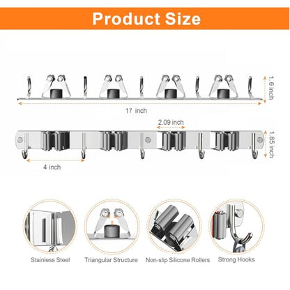 2 Pack Mop and Broom Holder Wall Mount for Kitchen Garage Laundry Room - color: Silver, size: 2 Pack 4 Racks with 5 Hooks