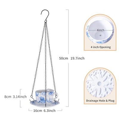 TEATALK Hanging Planters for Indoor Plants, Ceramic Pots with Drainage Hole, 6.3 Inch Hanging Planter with Chain, Outdoor Hanging Baskets for Plants, Blue Flowers, Cup Shape - style: Blue Flower