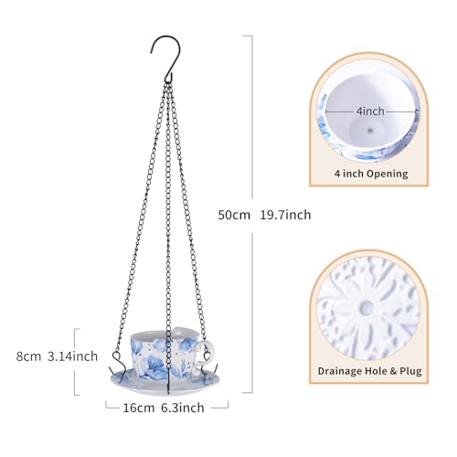 TEATALK Hanging Planters for Indoor Plants, Ceramic Pots with Drainage Hole, 6.3 Inch Hanging Planter with Chain, Outdoor Hanging Baskets for Plants, Blue Flowers, Cup Shape - style: Blue Flower