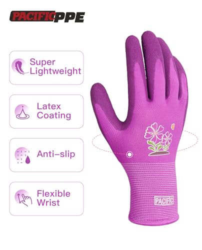 PACIFIC PPE 6 Pairs Gardening Gloves for women, Rubber Coated Garden Gloves, Ladies Yard Work Gloves, Breathable, Purple, Medium - color: Purple, size: Medium (Pack of 6)