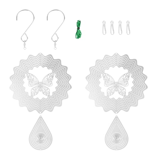 2 Packs Butterfly Stainless Steel Reflective Wind Spinner,3D Mirror Bird Repellent Device Wind Spinner Outdoor Decor, Gift for Mom Dad Repel Swallows Sparrows Away from Gazebo Pool Windows