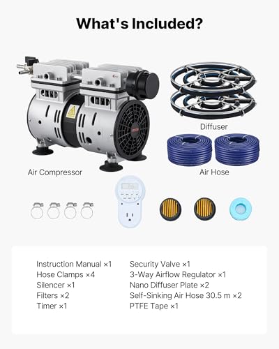 VEVOR Pond Aerators, 5.2CFM Aeration System for Lake up to 3 Acres, 3/4 HP Air Compressor, 2 Diffusesr & Two100' Weighted Tubings, Aeration Pump for Outdoor Ponds & Lakes Deep Water Oxygen Circulation - size: 5.2CFM+2 Nano diffusers
