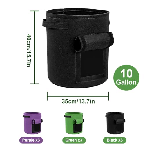 9 Pack Grow Bags Bulk Heavy Duty Thickened Fabric Pots Nonwoven Plant Bags with Handles, Breathable Plant Growing Containers Bags for Garden Fruit Vegetable Flower 3 Color (10 Gallon)