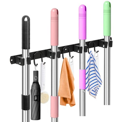 Broom Holder Wall Mount, Stainless Steel Mop Hanger with 4 Slots 6 Hooks, Tool Storage Wall Organizer for Kitchen Garden Garage Laundry Room Bathroom and RV, Black 1-Pack - color: Black-1 Pack