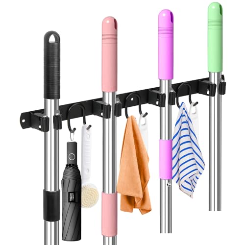 Broom Holder Wall Mount, Stainless Steel Mop Hanger with 4 Slots 6 Hooks, Tool Storage Wall Organizer for Kitchen Garden Garage Laundry Room Bathroom and RV, Black 1-Pack - color: Black-1 Pack