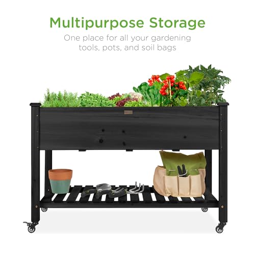 Best Choice Products Raised Garden Bed 48x24x32-inch Mobile Elevated Wood Planter w/Lockable Wheels, Storage Shelf, Protective Liner - Black - color: Black