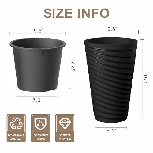 Kante 2-Pack All-Weather 15" H Round Tapered Black Plastic Planters