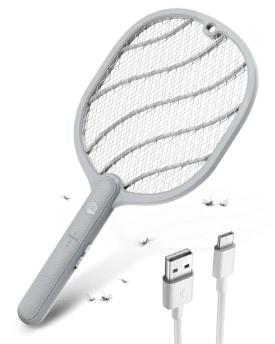 Mosiller Electric Fly Swatter, 3800V Bug Zapper Racket, Rechargeable 1200mAh Mosquito Killer, 3-Layer Safety Mesh, Lightweight, Easy to Use, Indoor Home Office Backyard Patio Camping (Basic 1 Pack) - size: Gray-Basic 1 Pack