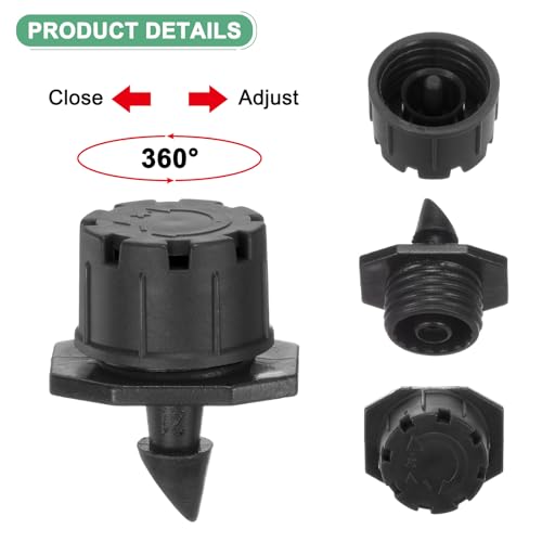 M METERXITY 100-Pack 360 Degree Adjustable Irrigation Dripper, 1/4 Inch Barbed Emitter Drip Sprinklers for Garden/Greenhouse/Flower Bed/Watering System, Anti-Clogging Emitters [Black] - color: Black