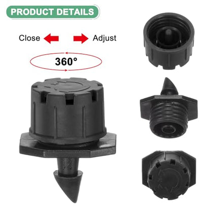 M METERXITY 100-Pack 360 Degree Adjustable Irrigation Dripper, 1/4 Inch Barbed Emitter Drip Sprinklers for Garden/Greenhouse/Flower Bed/Watering System, Anti-Clogging Emitters [Black] - color: Black