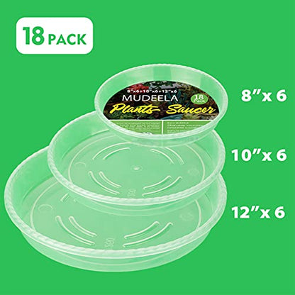 MUDEELA 18 Pack of 12 inch & 10 inch & 8 inch Plant Saucers, Durable Plant Trays for Indoors Outdoors, Clear Plastic Flower Plant Pot Saucer, Made of Thicker, Stronger Plastic, Taller Design - size: 8"+10"+12"